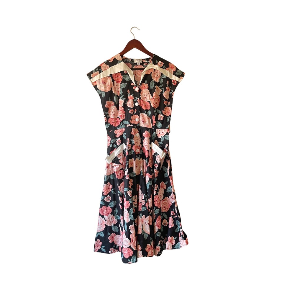 Unique Vintage Rockabilly Rose Floral Button Front Midi Swing Dress Womens M